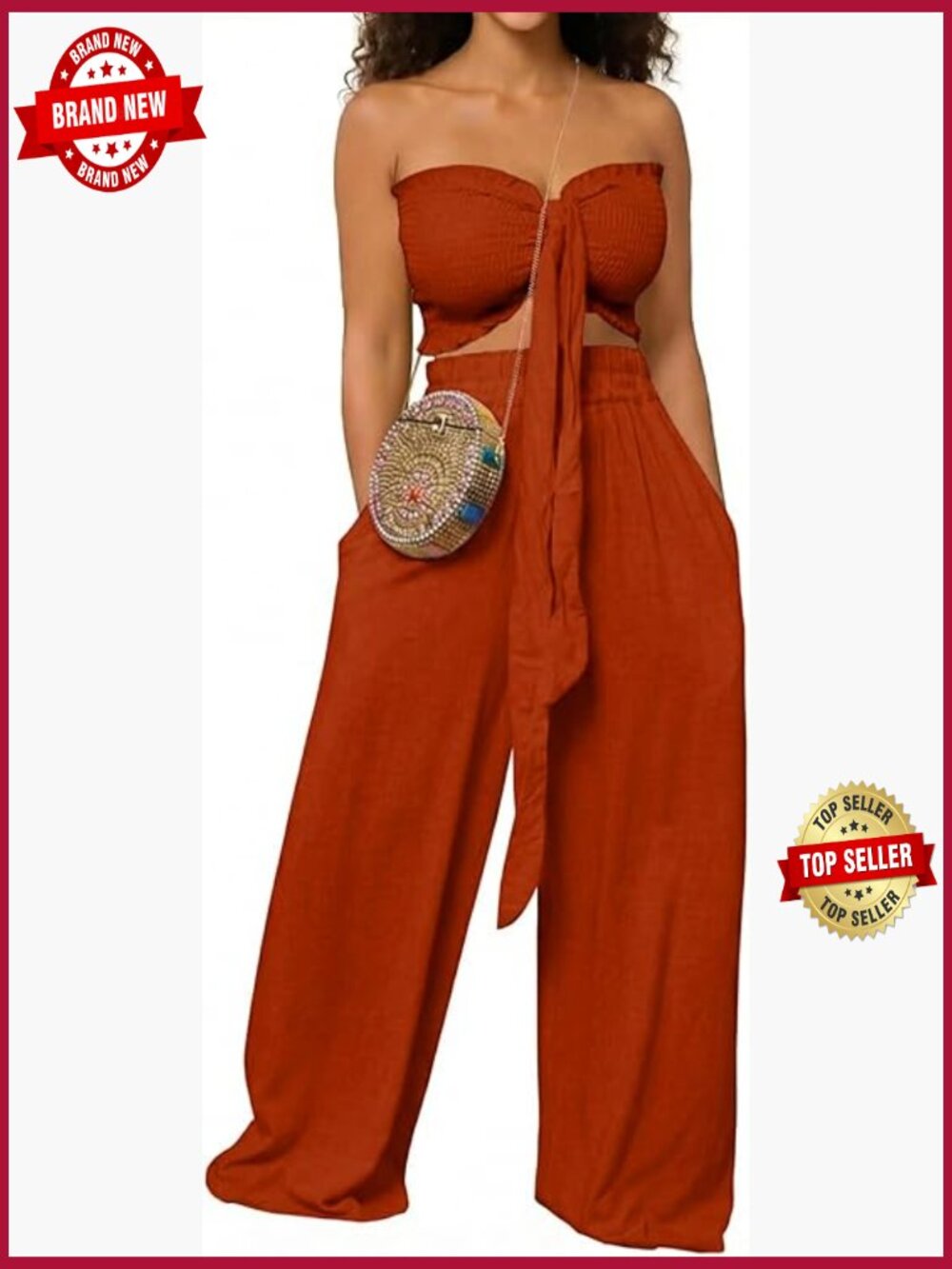 Womens 2 Piece Summer Outfits Tie Front Bandeau Crop Top Wide Leg Pant Set